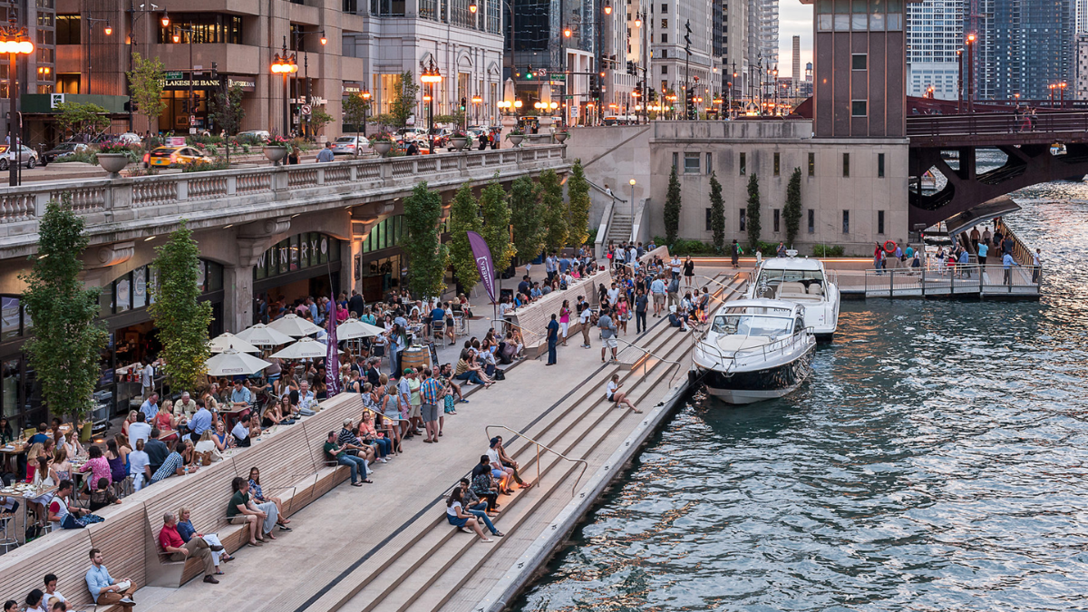 The Chicago Riverwalk at the foot of the Magnificent Mile