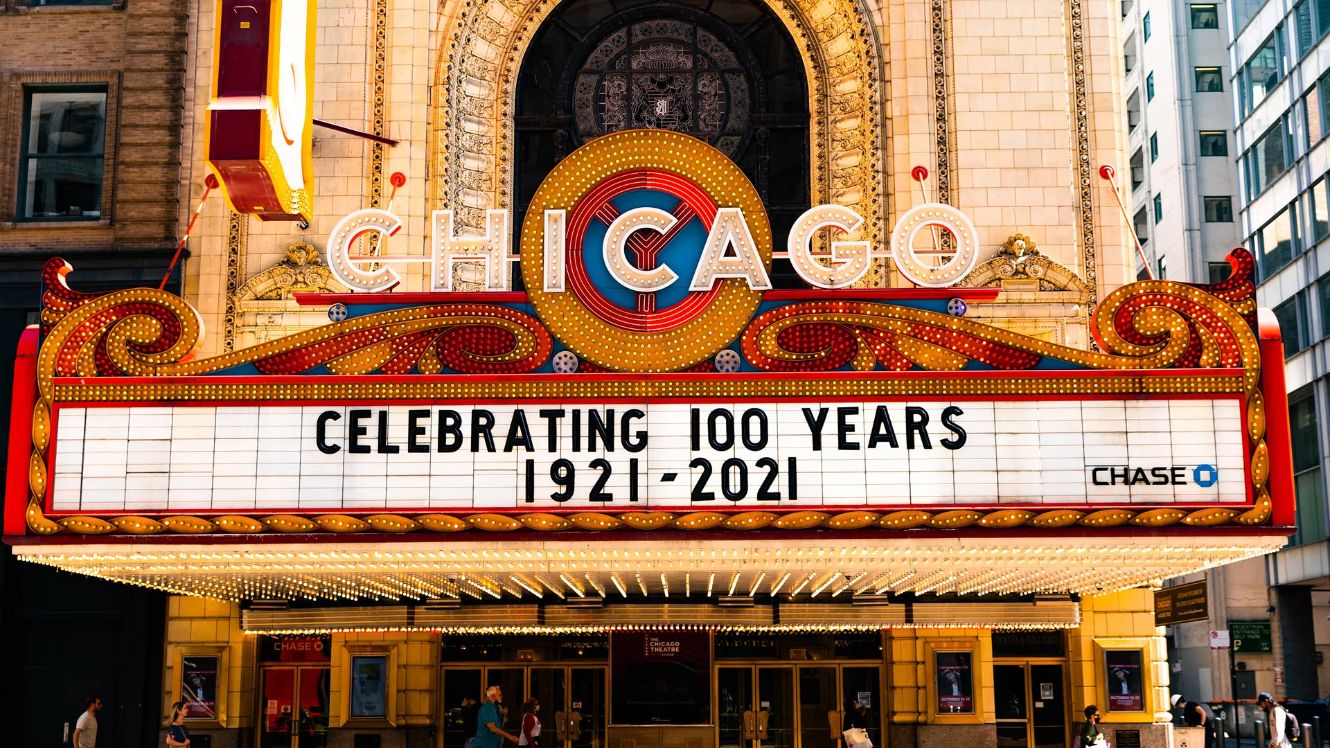 The historic Chicago Theatre marquee in the Loop Theatre District
