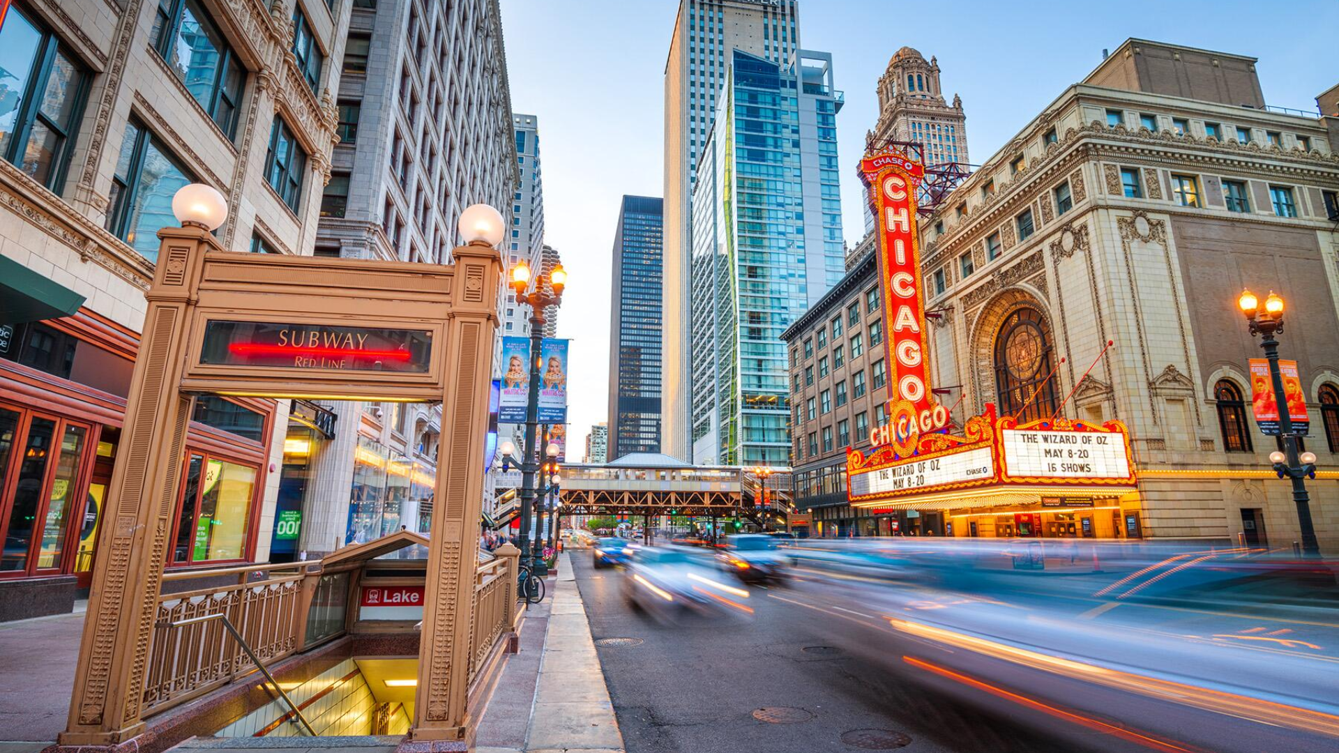 The Chicago Theatre and State Street in the Loop Theatre District at night