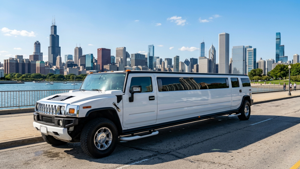 White stretch Hummer limo lakefront