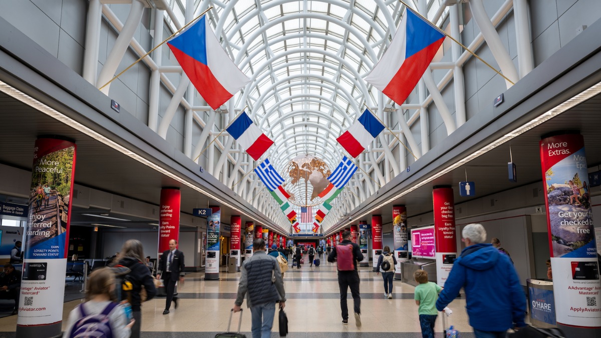 O'Hare International Airport arrivals area with car service pickup