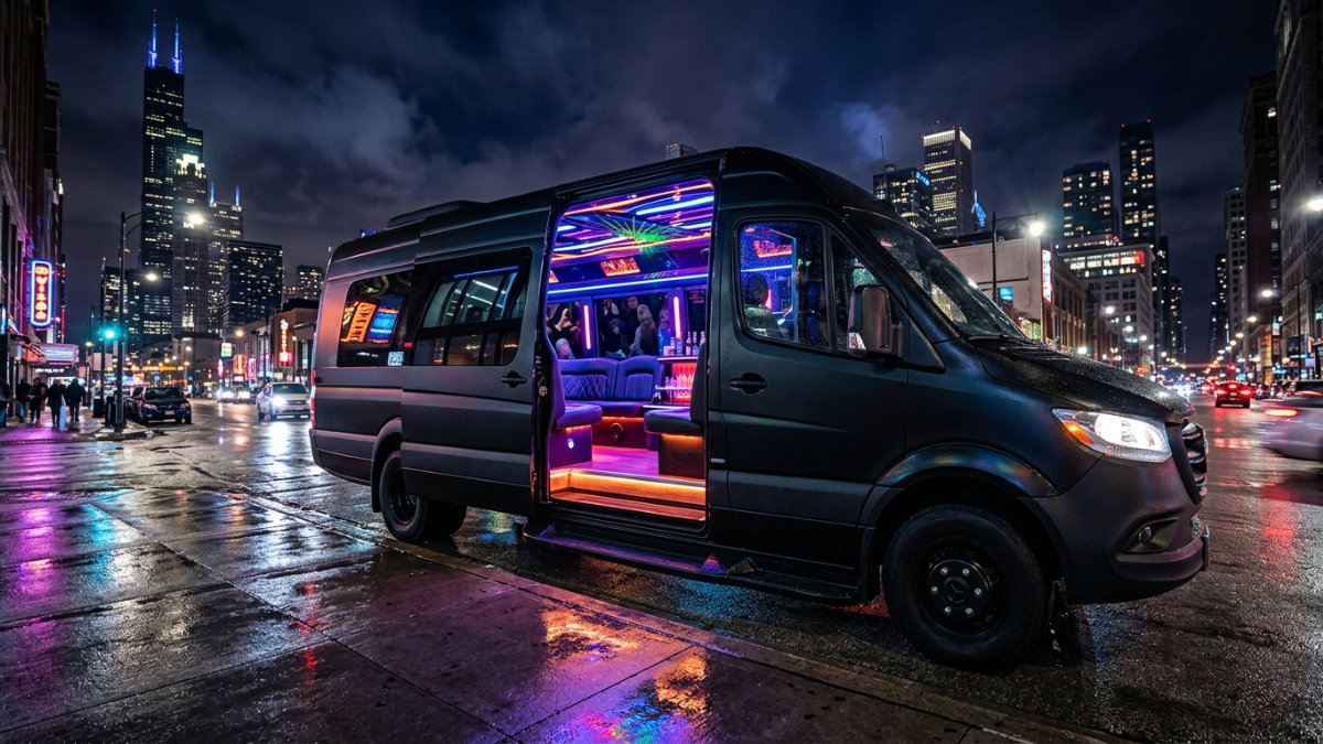 Party bus interior with LED lighting
