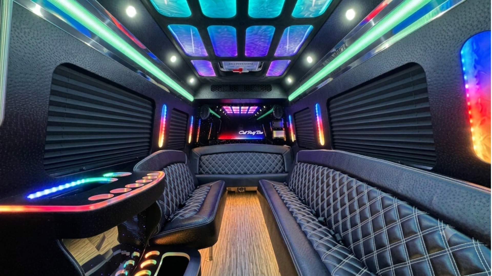 Party bus interior seating and lights