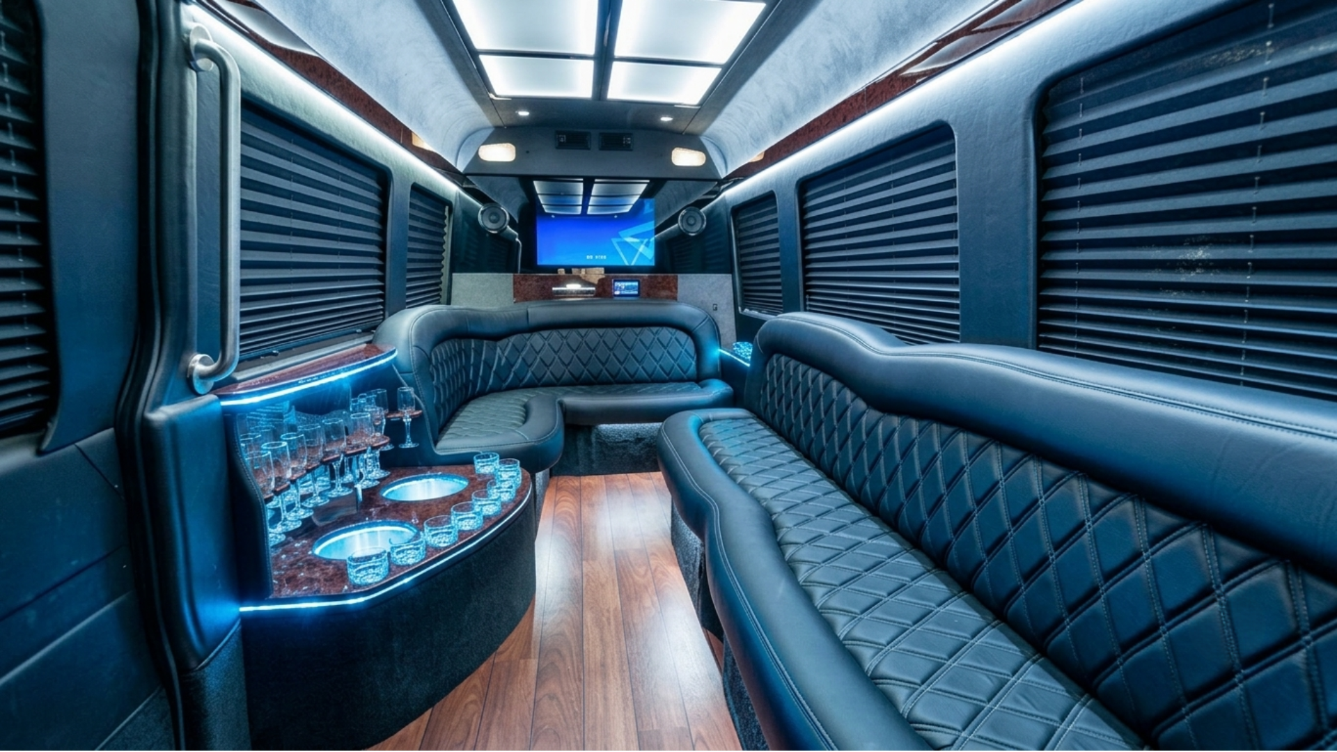 Party bus lit cabin and sound system