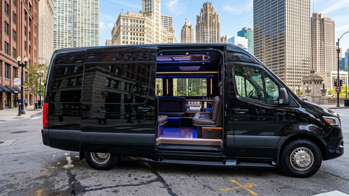 Sprinter party bus interior with lighting
