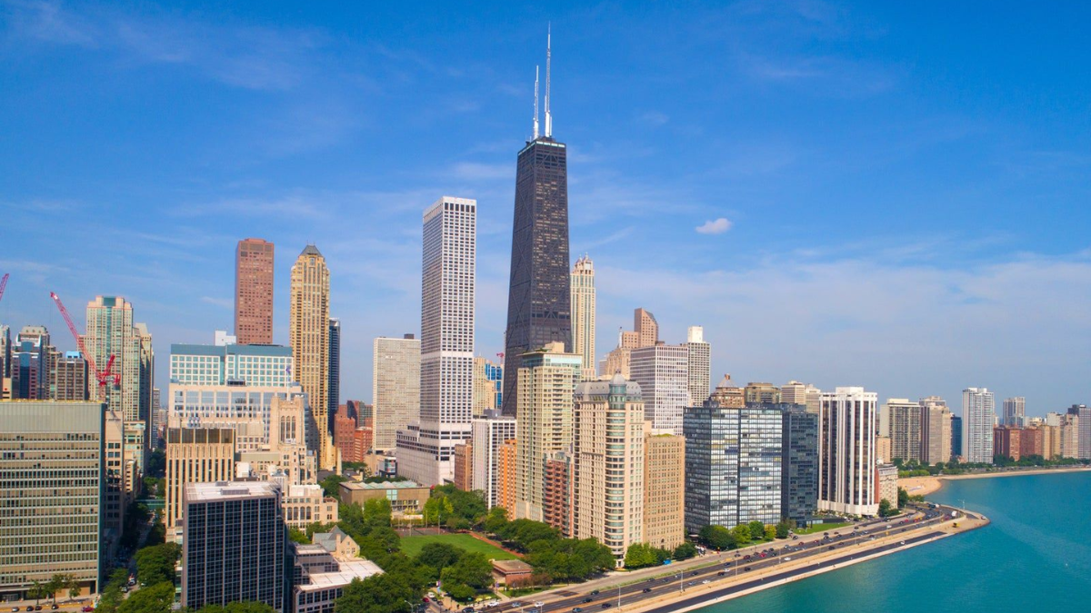 Willis Tower and the western Loop skyline along the Chicago River